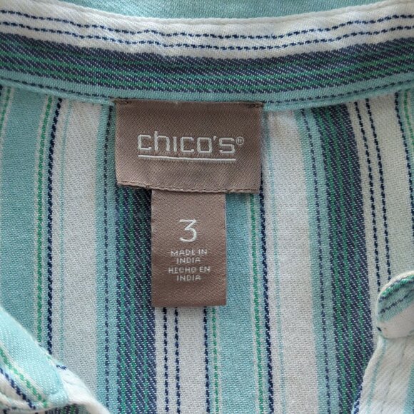 Chico's Striped blue white blouse sz 3 sz 16 with Twist front design Tab Sleeves - Picture 9 of 14